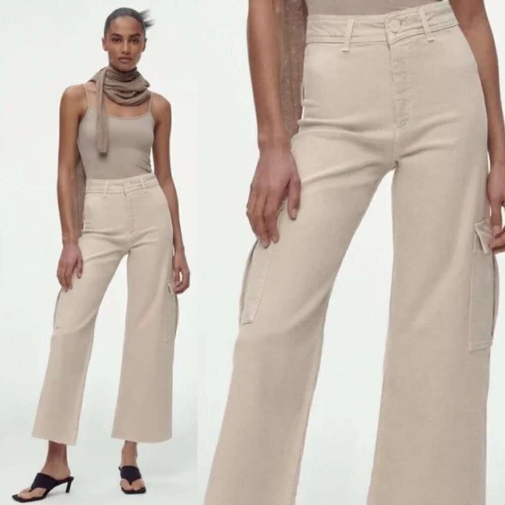 Zara Beige Wide Leg High Rise Raw Hem Cargo Denim Jeans Size 2 26875